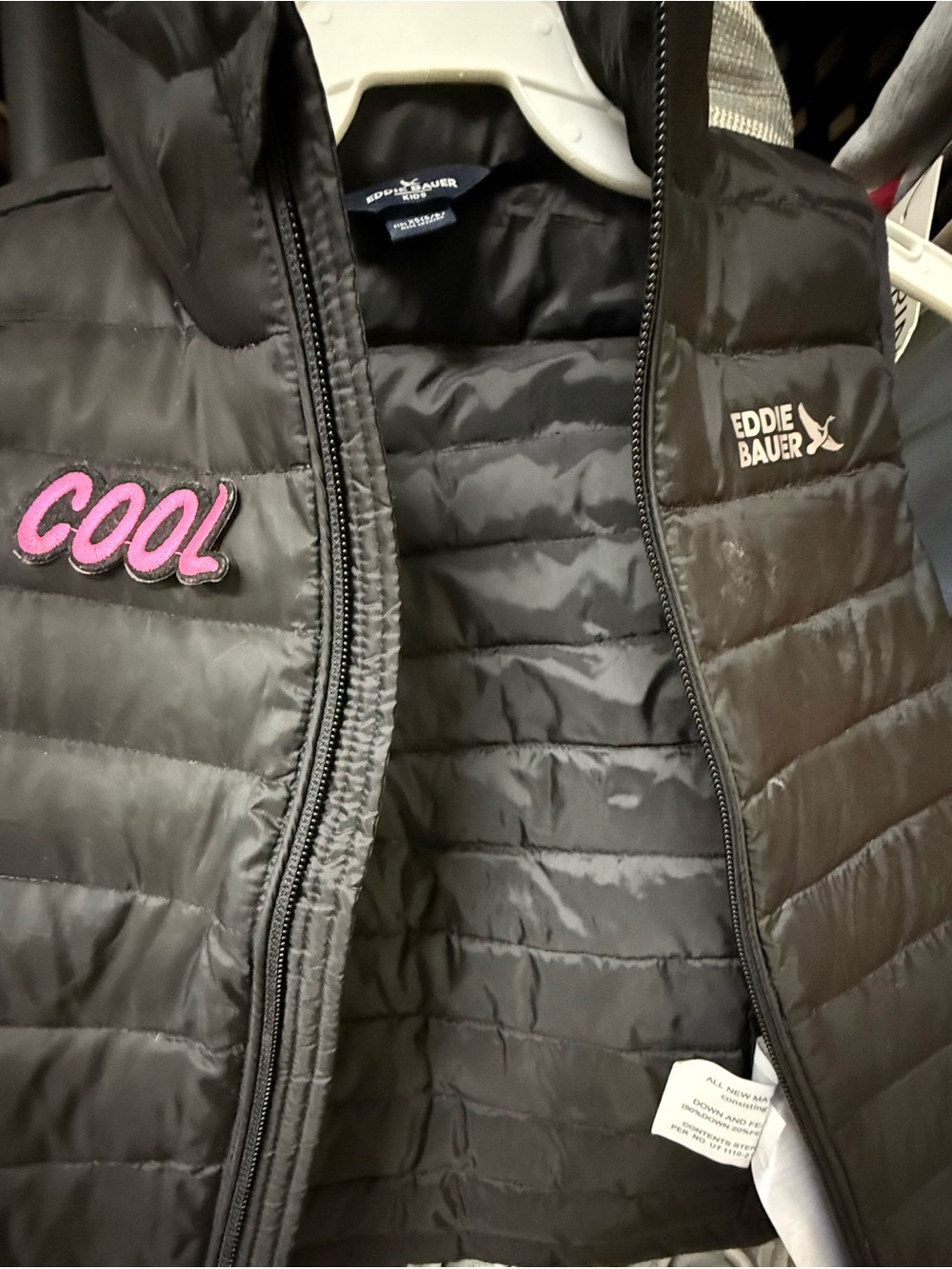 Eddie Bauer Black Kids' Quilted Puffer Vest with Pink COOL Patch